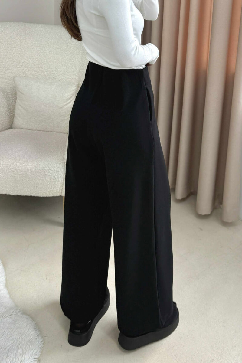 ONE COLOR ELASTIC WAIST WIDE LEG WOMEN TROUSERS BLACK/ E ZEZE - 3