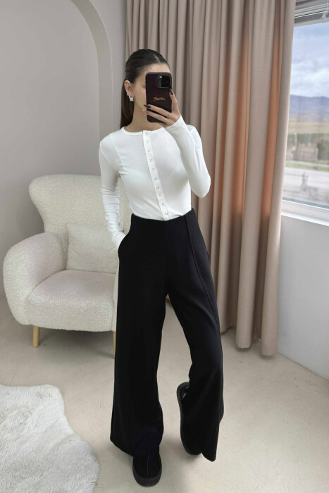 ONE COLOR ELASTIC WAIST WIDE LEG WOMEN TROUSERS BLACK/ E ZEZE - KLAUDIO FASHION