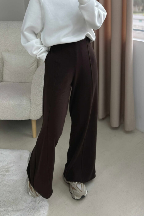 ONE COLOR ELASTIC WAIST WIDE LEG WOMEN TROUSERS BROWN/KAFE 