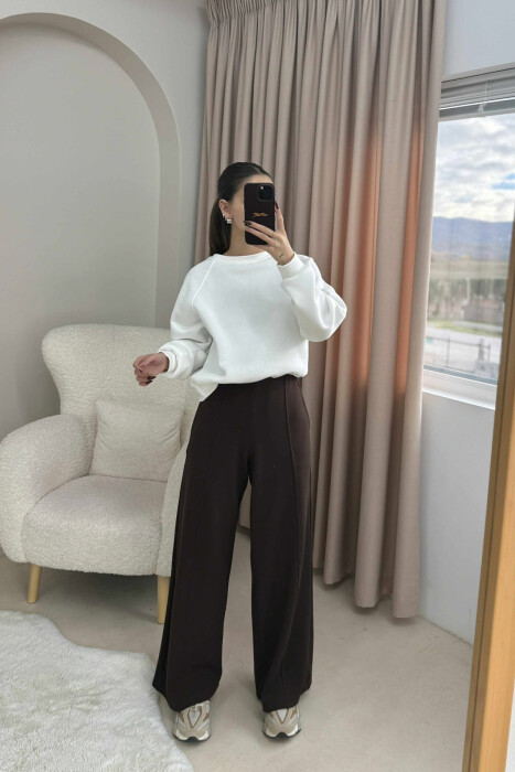 ONE COLOR ELASTIC WAIST WIDE LEG WOMEN TROUSERS BROWN/KAFE - 2