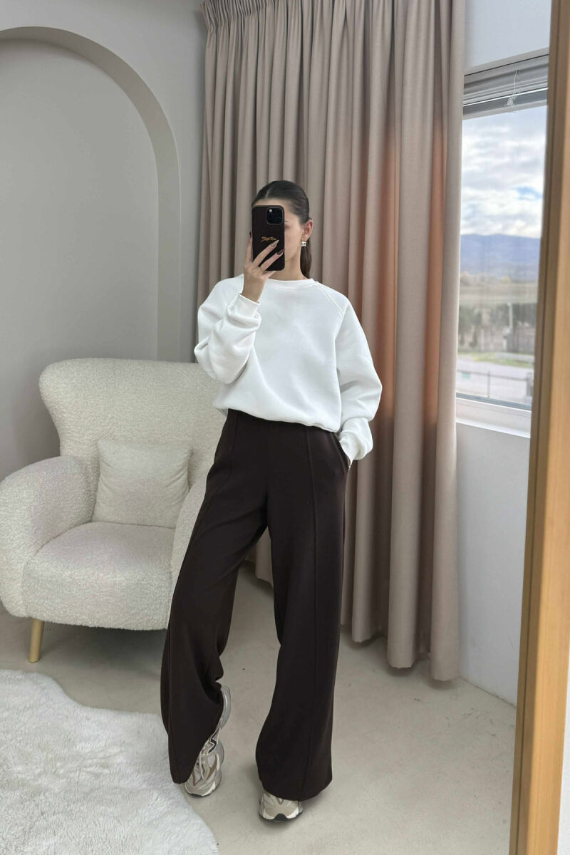ONE COLOR ELASTIC WAIST WIDE LEG WOMEN TROUSERS BROWN/KAFE - 3