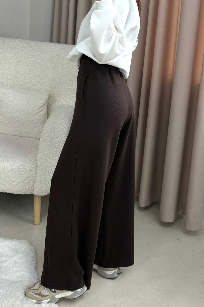 ONE COLOR ELASTIC WAIST WIDE LEG WOMEN TROUSERS BROWN/KAFE - 4