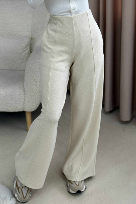 ONE COLOR ELASTIC WAIST WIDE LEG WOMEN TROUSERS CREAM/KREM 
