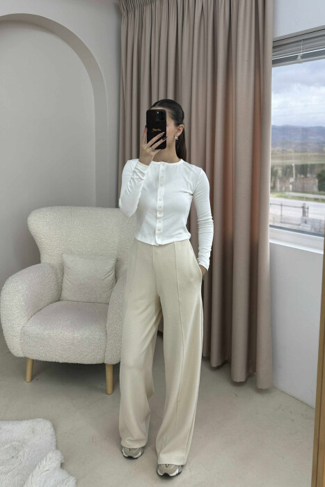 PANTALONA TE GJERA NJE NGJYRESHE ME BEL ELASTIK PER FEMRA NE NGJYRE KREM - KLAUDIO FASHION