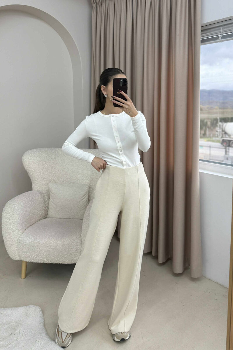 ONE COLOR ELASTIC WAIST WIDE LEG WOMEN TROUSERS CREAM/KREM - 3