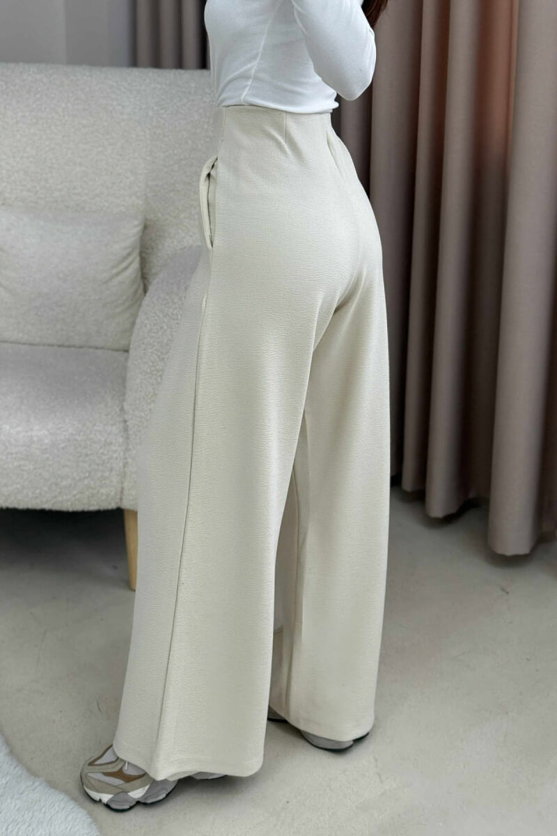 ONE COLOR ELASTIC WAIST WIDE LEG WOMEN TROUSERS CREAM/KREM - 4