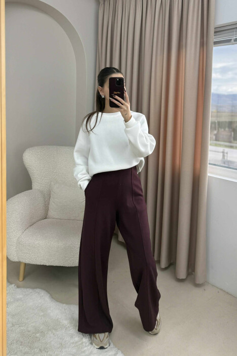 ONE COLOR ELASTIC WAIST WIDE LEG WOMEN TROUSERS DARK BURGUNDY/VISHNJE E ERRET - KLAUDIO FASHION