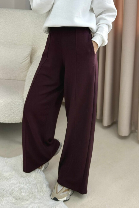 ONE COLOR ELASTIC WAIST WIDE LEG WOMEN TROUSERS DARK BURGUNDY/VISHNJE E ERRET 