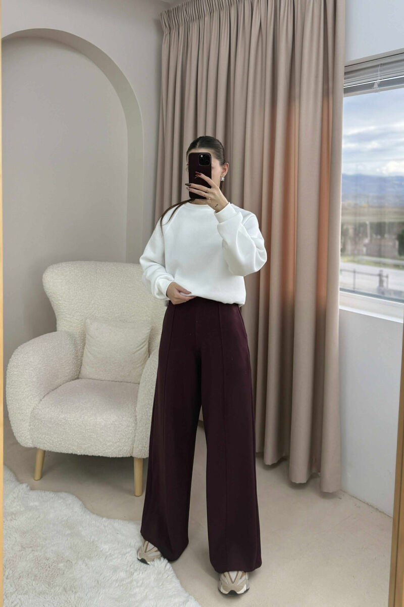 ONE COLOR ELASTIC WAIST WIDE LEG WOMEN TROUSERS DARK BURGUNDY/VISHNJE E ERRET - 2