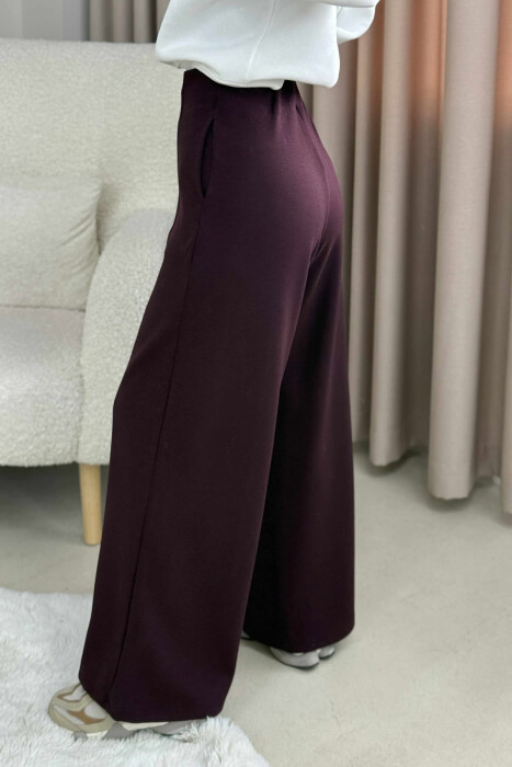 ONE COLOR ELASTIC WAIST WIDE LEG WOMEN TROUSERS DARK BURGUNDY/VISHNJE E ERRET - 3