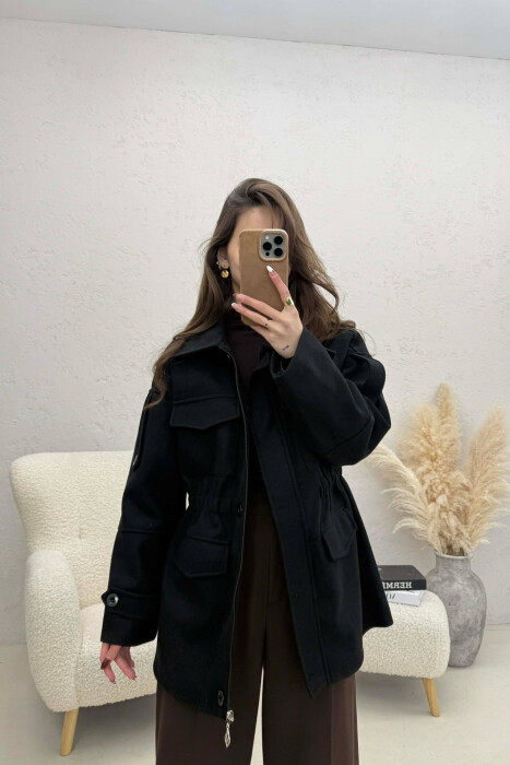ONE COLOR ELASTIC WAIST WOMAN COAT BLACK/ E ZEZE - KLAUDIO FASHION