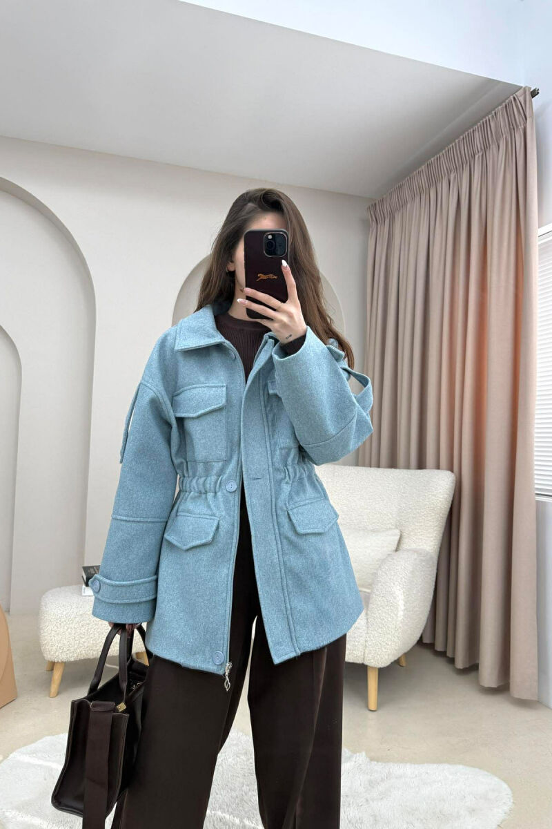 ONE COLOR ELASTIC WAIST WOMAN COAT LIGHTBLUE/BZ - 5
