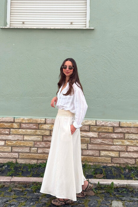 ONE COLOR ELASTIC WAIST WOMAN SKIRT CREAM/KREM - 5