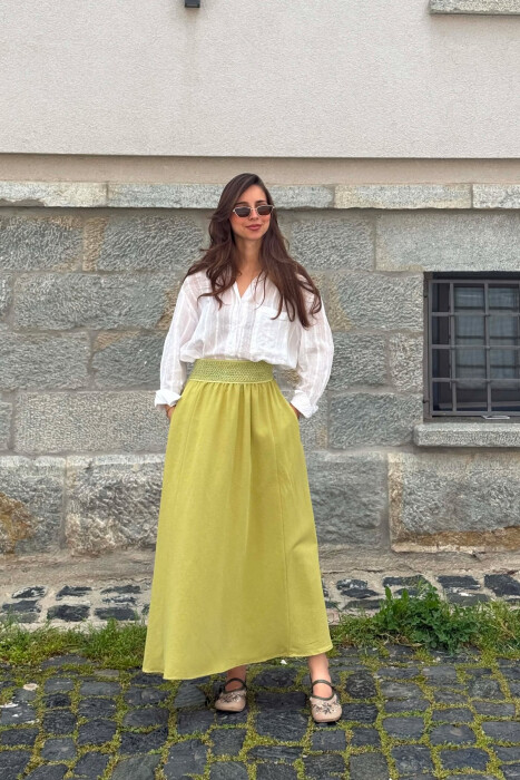 ONE COLOR ELASTIC WAIST WOMAN SKIRT PISTACHIO - KLAUDIO FASHION