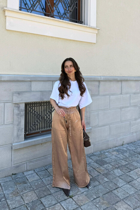 PANTALLONA TE GJERA ME BEL ELASTIK PER FEMRA NE NGJYRE BEZHE - KLAUDIO FASHION