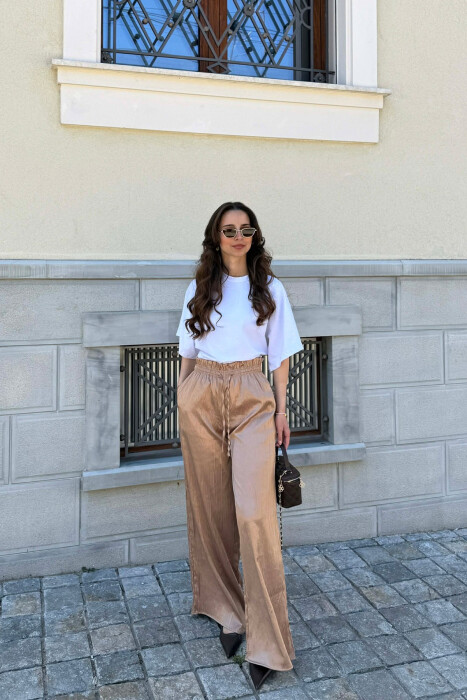 ONE COLOR ELASTIC WAIST WOMAN TROUSERS BEIGE/BEZHE - 3