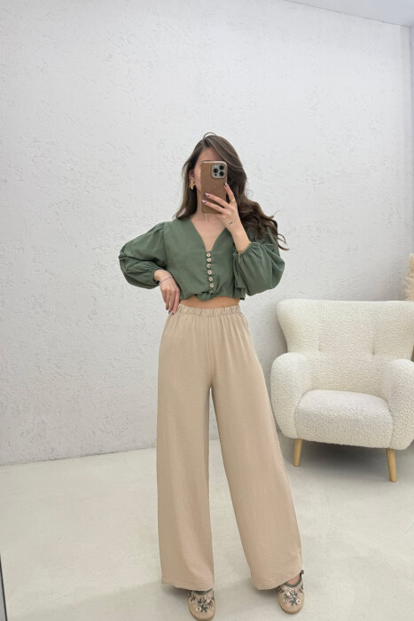 ONE COLOR ELASTIC WAIST WOMAN TROUSERS DARK BEIGE/BEZHE ERRET - KLAUDIO FASHION