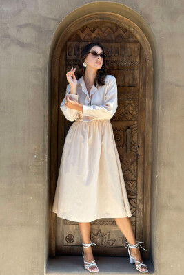 ONE COLOR ELASTIC WAIST WOMEN DRESS CREAM/KREM 