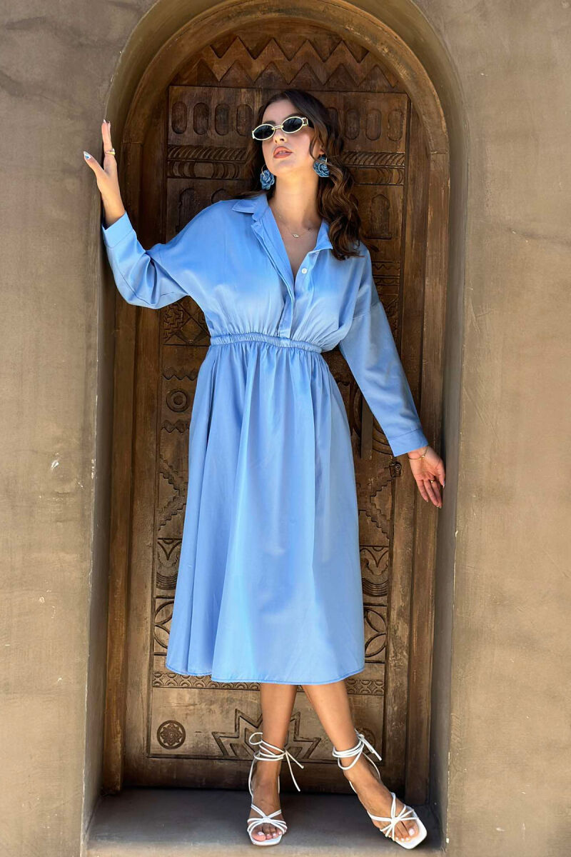 ONE COLOR ELASTIC WAIST WOMEN DRESS LIGHTBLUE/BZ - 2