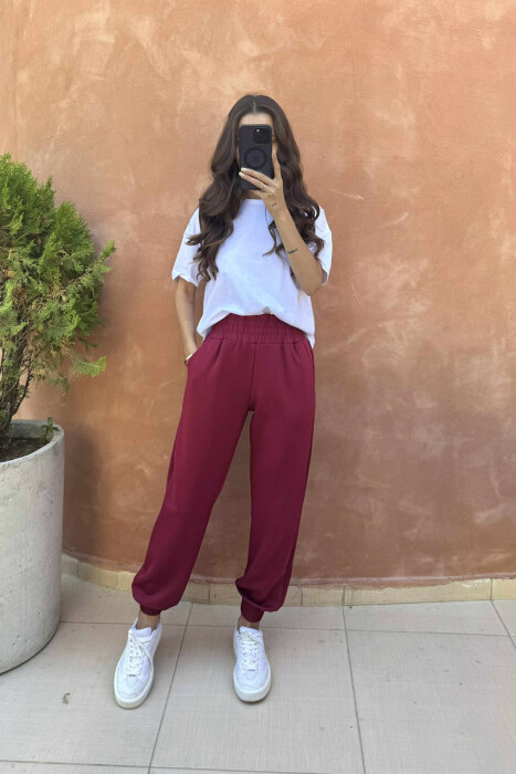 ONE COLOR ELASTIC WAIST WOMEN JOGGERS BURGUNDY/VISHNJE - 1