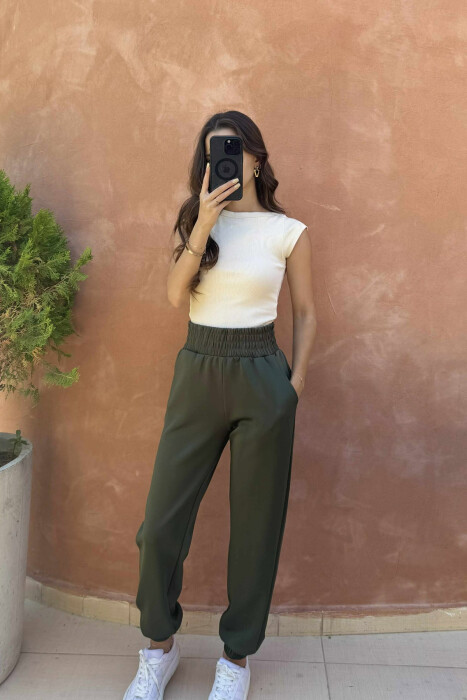 ONE COLOR ELASTIC WAIST WOMEN JOGGERS GREEN/JESHILE - KLAUDIO FASHION