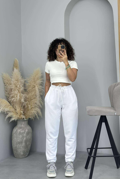 ONE COLOR ELASTIC WAIST WOMEN JOGGERS WHITE-E BARDHE 