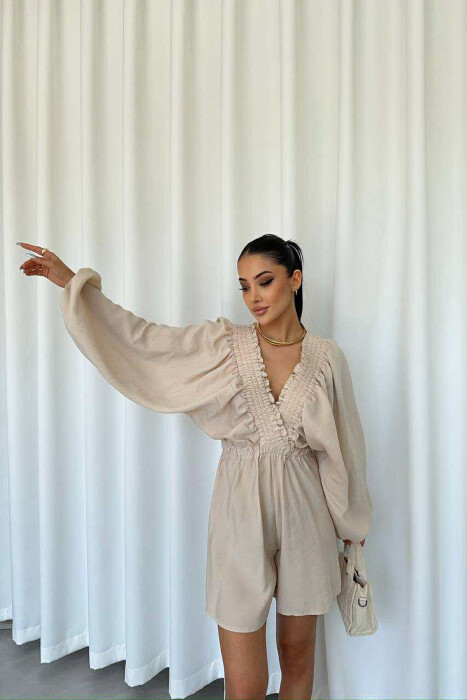 ONE COLOR ELASTIC WAIST WOMEN JUMPSUIT BEIGE/BEZHE - KLAUDIO FASHION