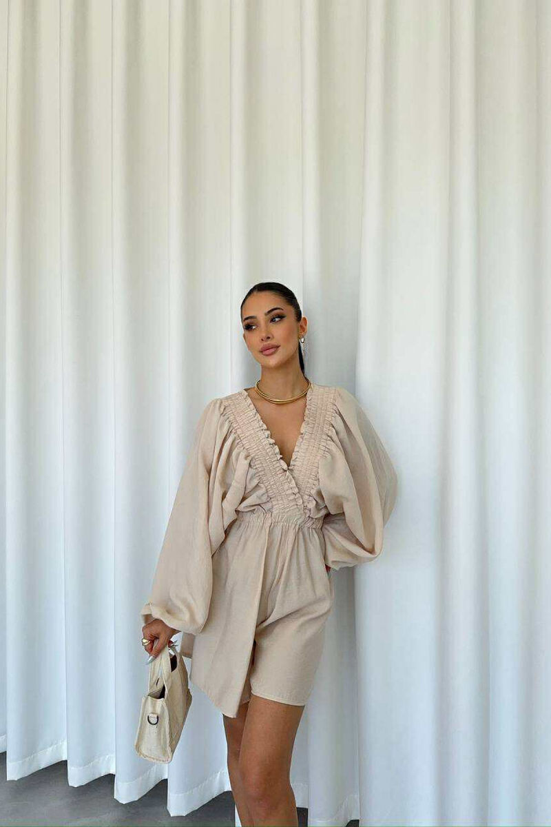 ONE COLOR ELASTIC WAIST WOMEN JUMPSUIT BEIGE/BEZHE - 2