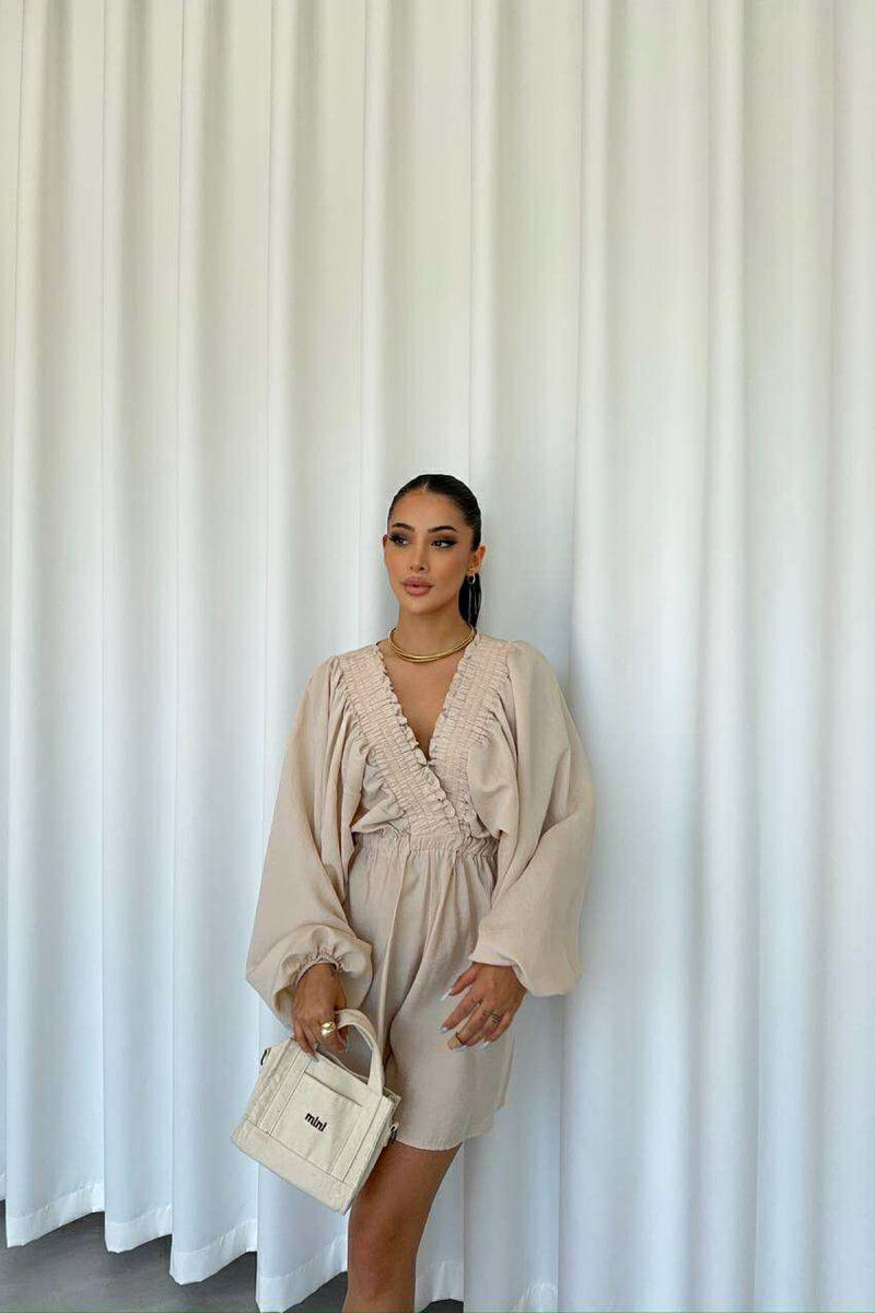 ONE COLOR ELASTIC WAIST WOMEN JUMPSUIT BEIGE/BEZHE - 3