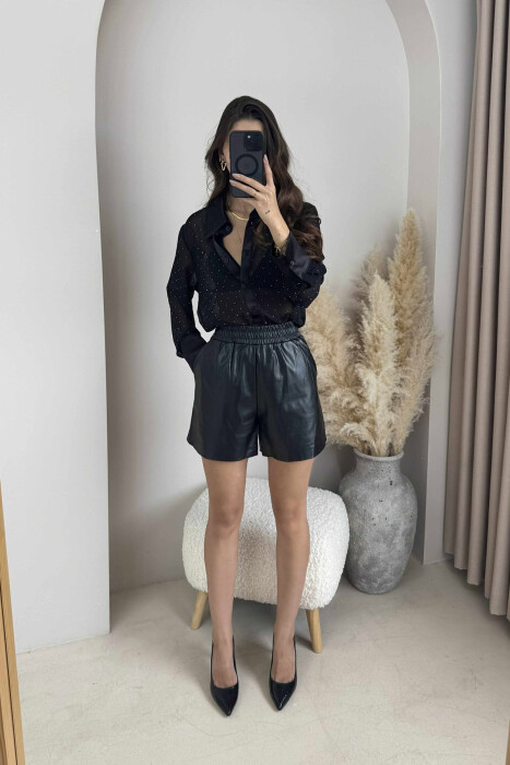 ONE COLOR ELASTIC WAIST WOMEN SHORT PANTS BLACK/ E ZEZE - 7
