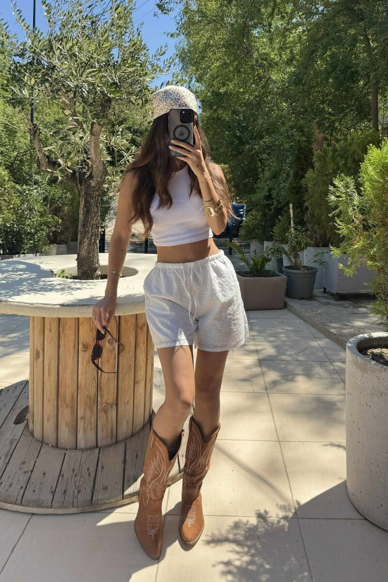 ONE COLOR ELASTIC WAIST WOMEN SHORTS WHITE-E BARDHE - 1