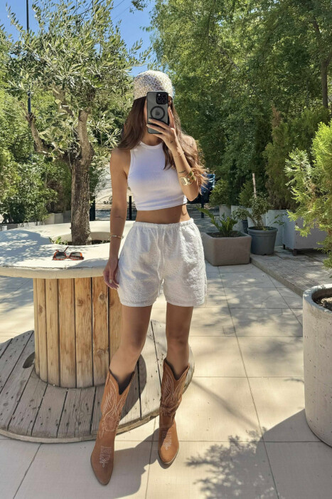 ONE COLOR ELASTIC WAIST WOMEN SHORTS WHITE-E BARDHE - 3