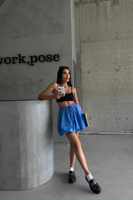 ONE COLOR ELASTIC WAIST WOMEN SKIRT BLUE/BLU - 4