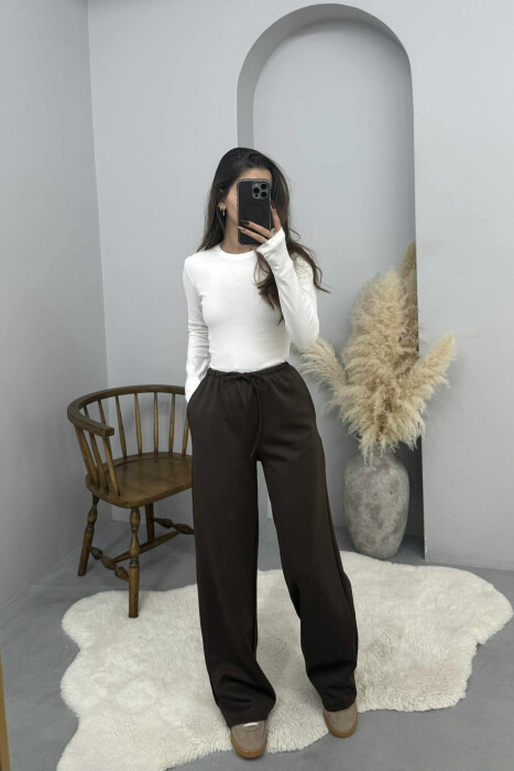 ONE COLOR ELASTIC WAIST WOMEN SWEATPANTS BROWN/KAFE - KLAUDIO FASHION