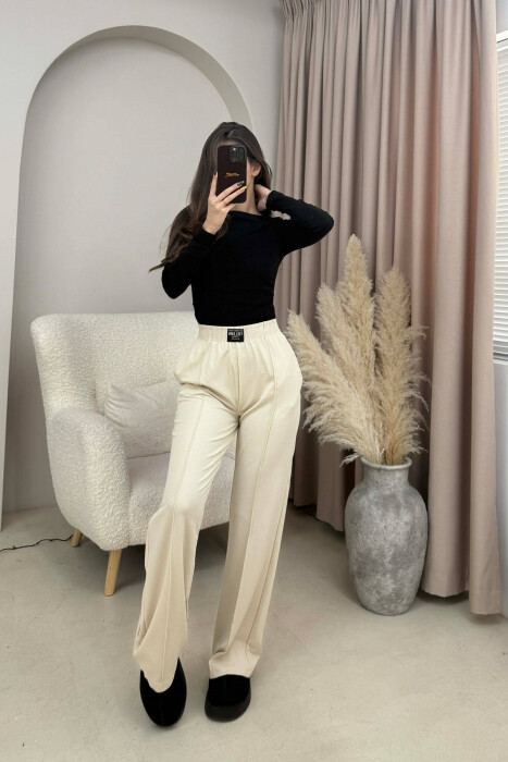 ONE COLOR ELASTIC WAIST WOMEN TROUSERS BEIGE/BEZHE - KLAUDIO FASHION