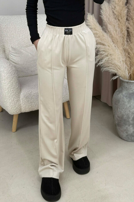 ONE COLOR ELASTIC WAIST WOMEN TROUSERS BEIGE/BEZHE 