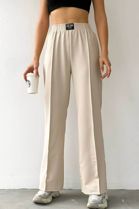 ONE COLOR ELASTIC WAIST WOMEN TROUSERS BEIGE/BEZHE - KLAUDIO FASHION