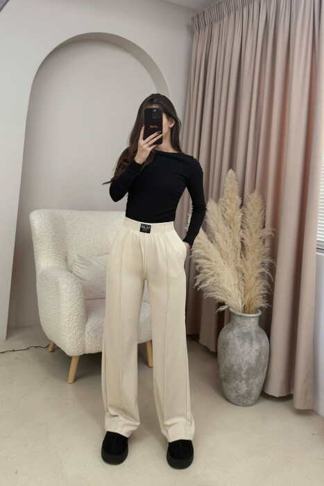ONE COLOR ELASTIC WAIST WOMEN TROUSERS BEIGE/BEZHE - 3