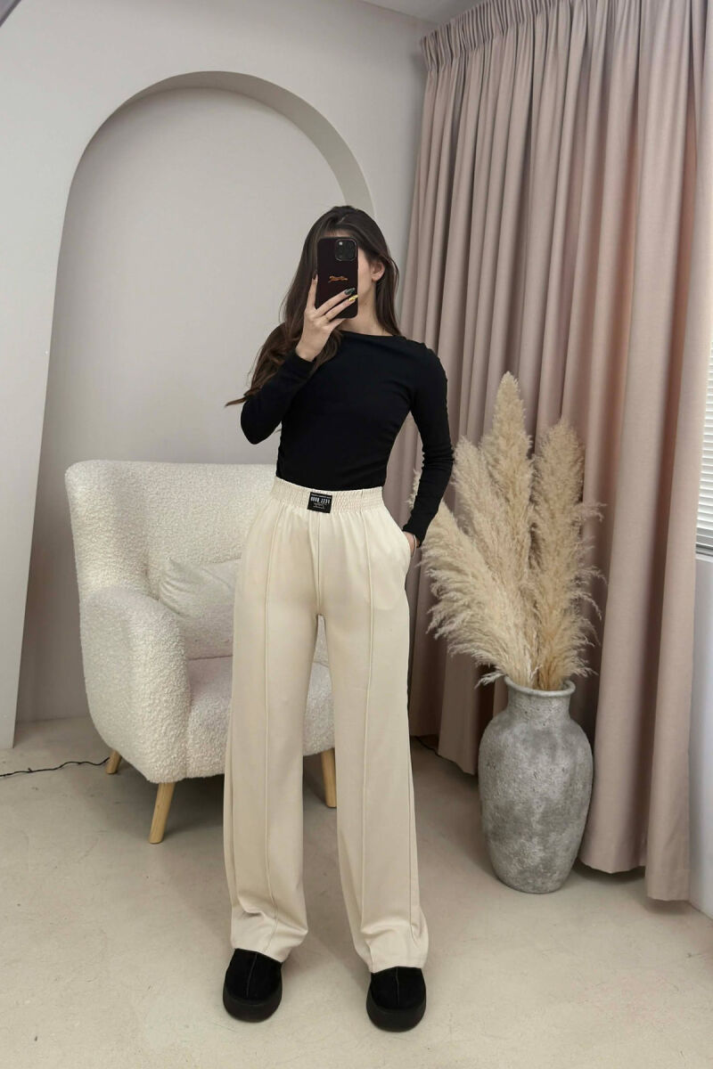 ONE COLOR ELASTIC WAIST WOMEN TROUSERS BEIGE/BEZHE - 3