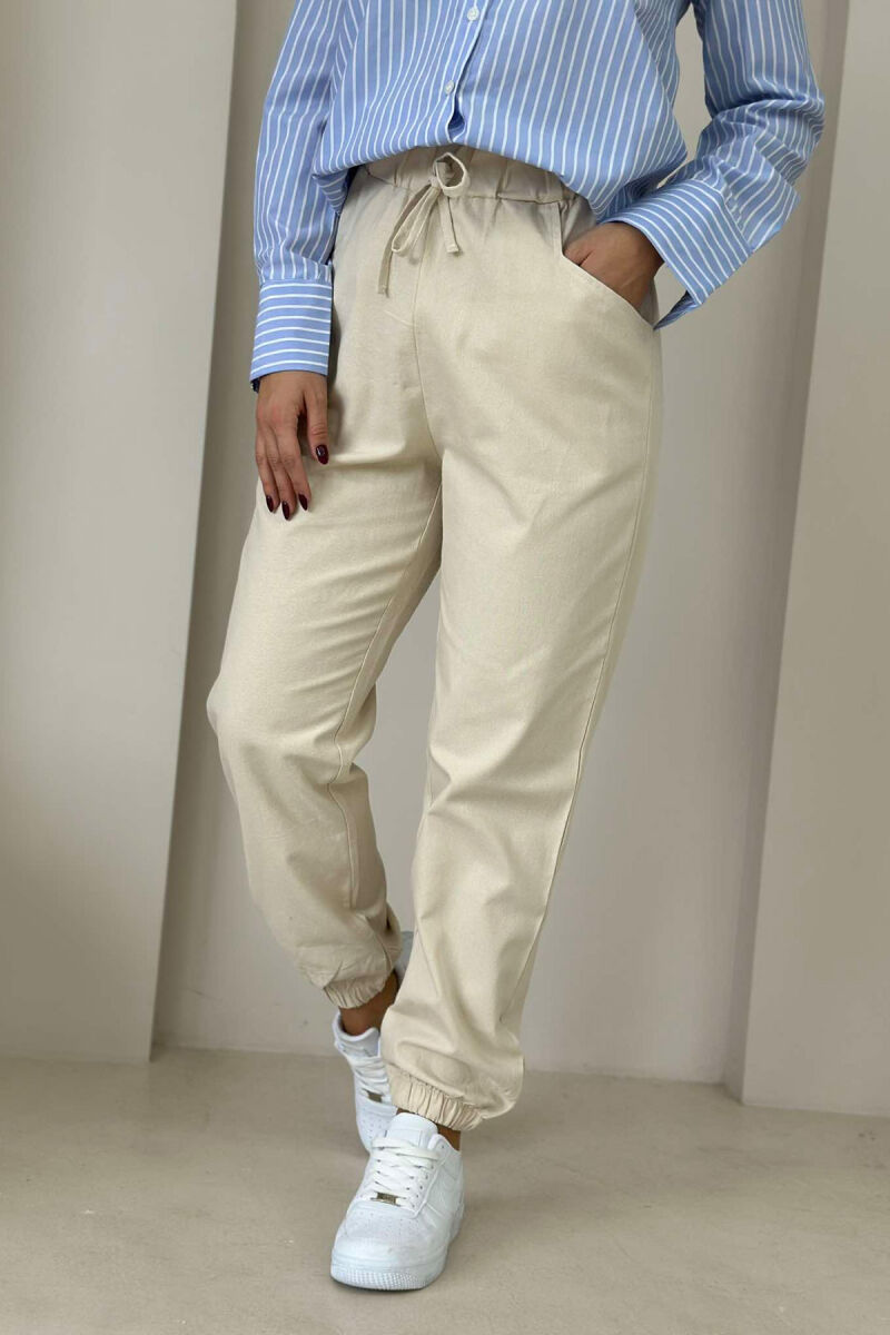 ONE COLOR ELASTIC WAIST WOMEN TROUSERS CREAM/KREM - 1