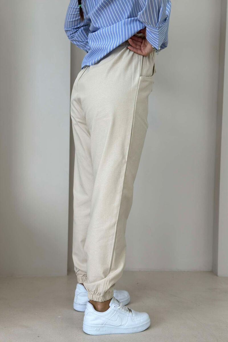 ONE COLOR ELASTIC WAIST WOMEN TROUSERS CREAM/KREM - 4