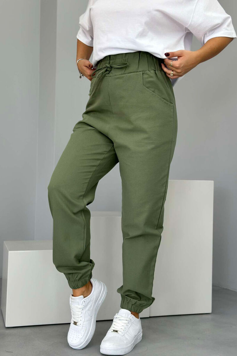 ONE COLOR ELASTIC WAIST WOMEN TROUSERS GREEN/JESHILE - 1