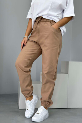 ONE COLOR ELASTIC WAIST WOMEN TROUSERS LIGHT BROWN/KAZB 