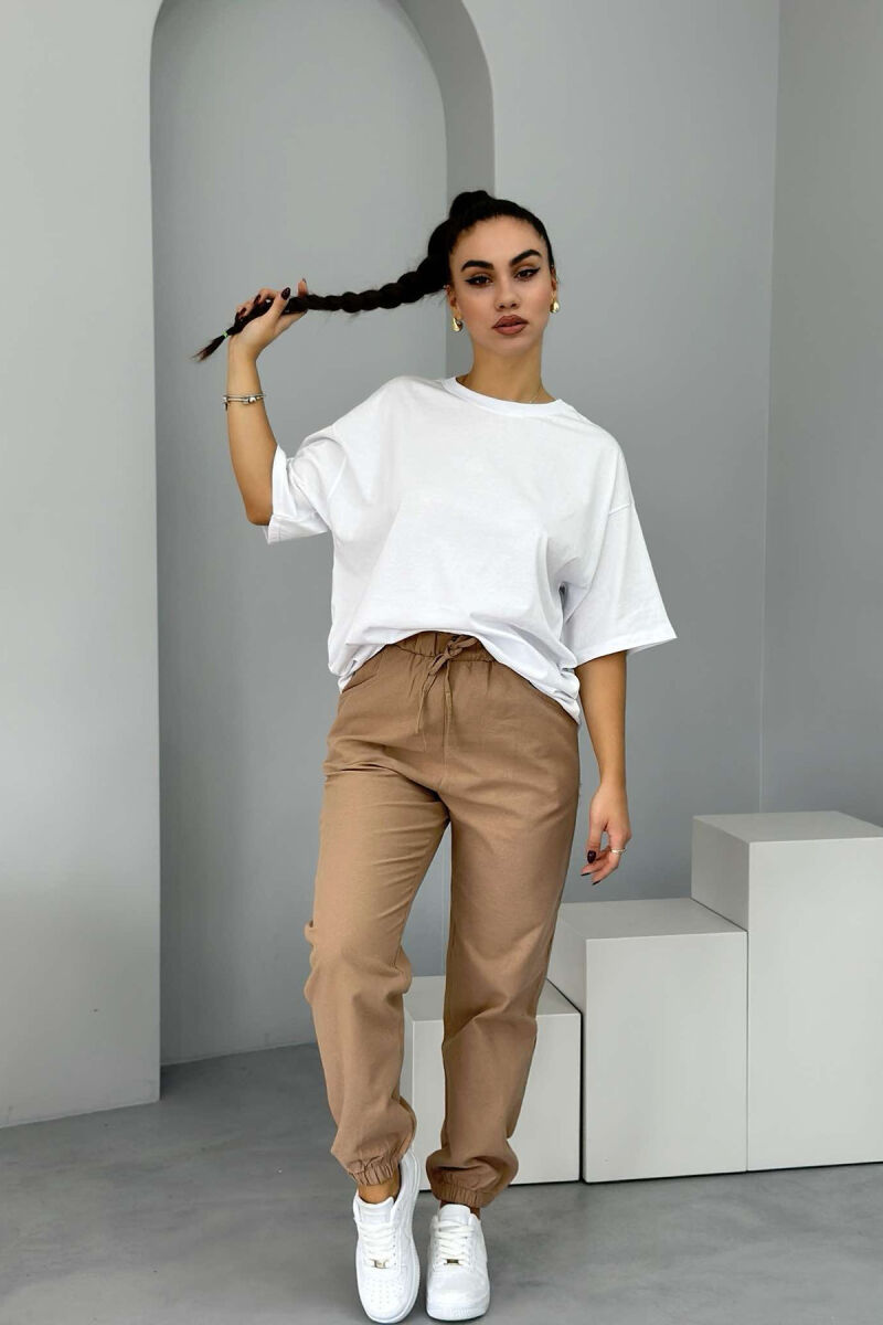 ONE COLOR ELASTIC WAIST WOMEN TROUSERS LIGHT BROWN/KAZB - 3