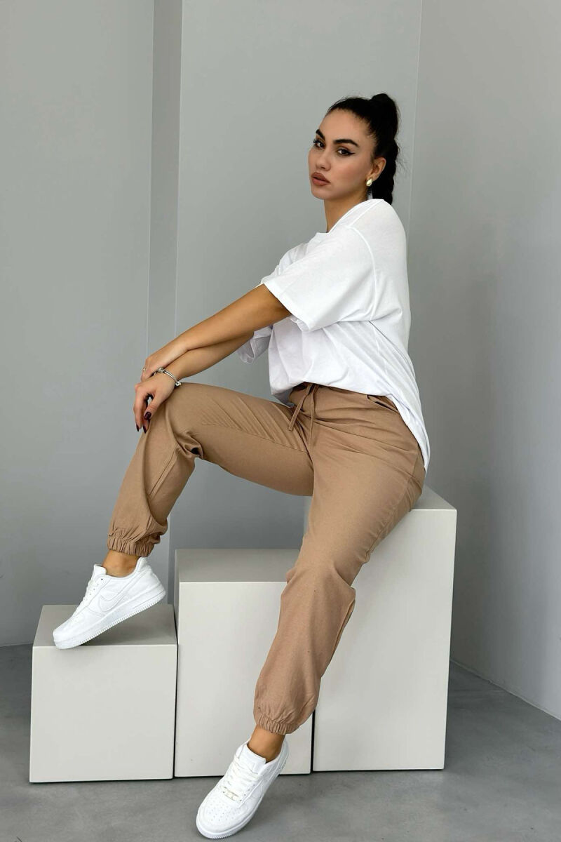 ONE COLOR ELASTIC WAIST WOMEN TROUSERS LIGHT BROWN/KAZB - 4