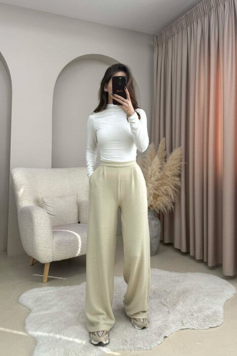 ONE COLOR ELASTIC WIDE LEG WOMEN TROUSERS BEIGE/BEZHE - KLAUDIO FASHION
