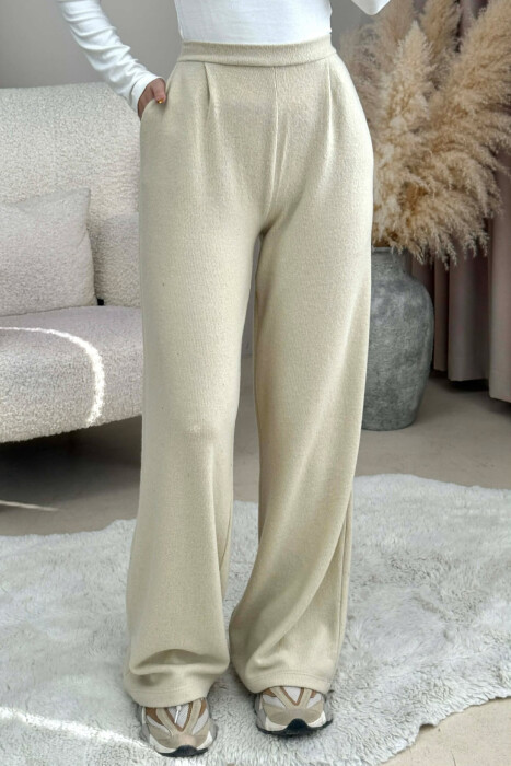 ONE COLOR ELASTIC WIDE LEG WOMEN TROUSERS BEIGE/BEZHE - KLAUDIO FASHION