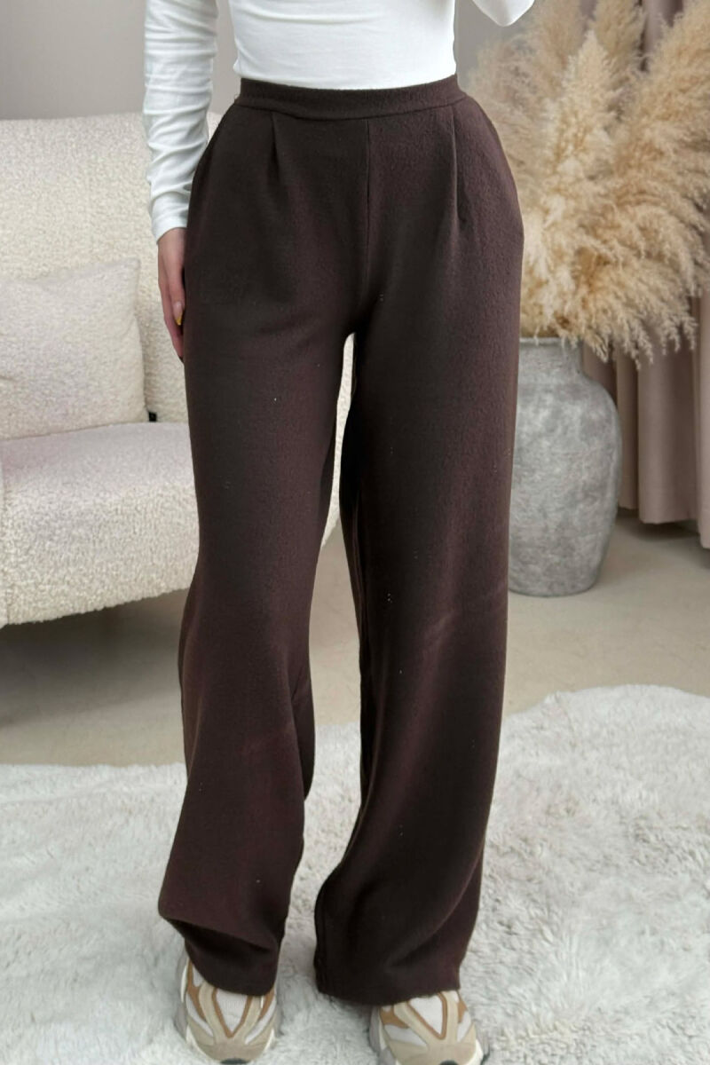ONE COLOR ELASTIC WIDE LEG WOMEN TROUSERS BROWN/KAFE - 1