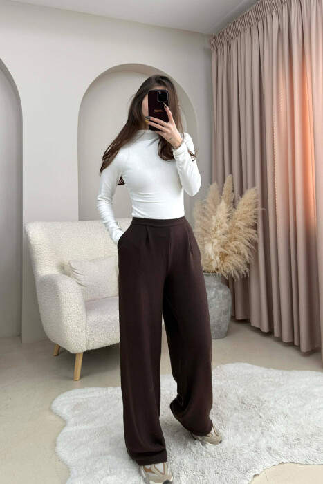 ONE COLOR ELASTIC WIDE LEG WOMEN TROUSERS BROWN/KAFE - 4