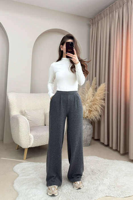 ONE COLOR ELASTIC WIDE LEG WOMEN TROUSERS DARK GREY/GEE - KLAUDIO FASHION